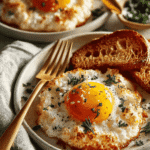 Fluffy 4-Ingredient Cloud Eggs served with golden toast and fresh herbs, a protein-rich low-carb breakfast idea.