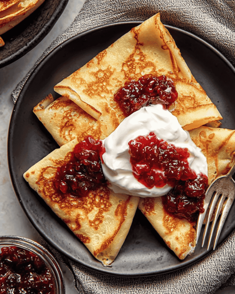 Thin golden Swedish pancakes folded into quarters, topped with whipped cream and lingonberry jam on a black plate with fork.