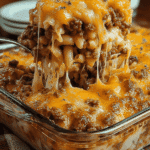 Baked cheesy beefburger macaroni casserole topped with golden melted cheese and seasoned ground beef.