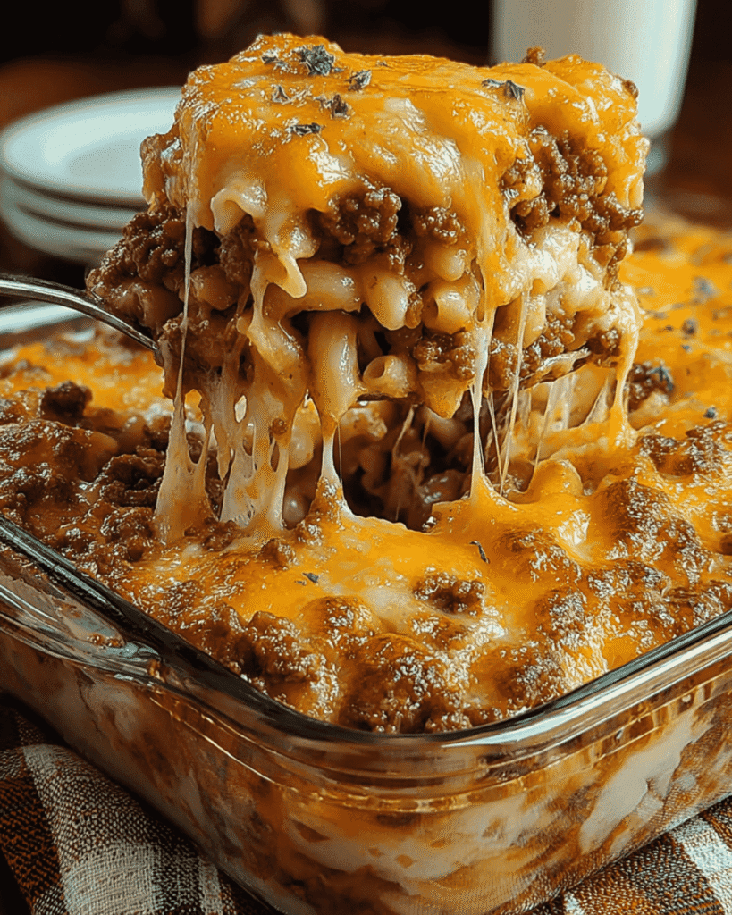 Baked cheesy beefburger macaroni casserole topped with golden melted cheese and seasoned ground beef.