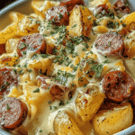 Overhead view of baked ranch-seasoned potatoes with crispy sausage slices and melted cheese in a white serving bowl