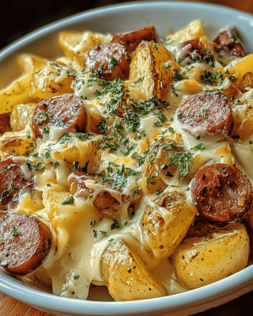 Overhead view of baked ranch-seasoned potatoes with crispy sausage slices and melted cheese in a white serving bowl