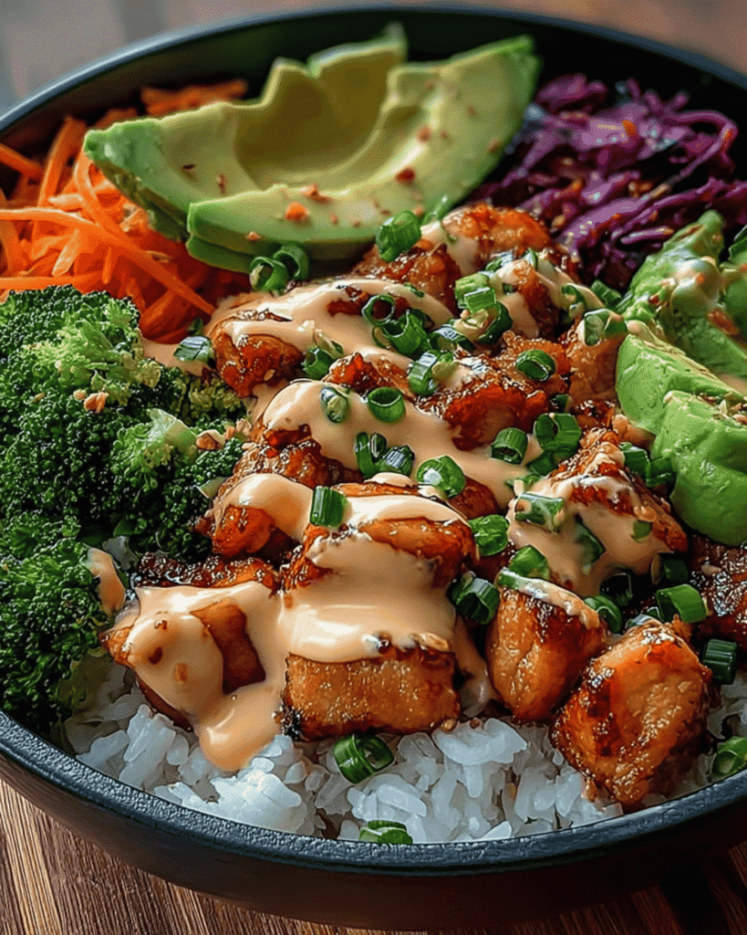 Bang Bang chicken poke bowl with glazed chicken, creamy spicy mayo drizzle, fresh avocado, broccoli, shredded carrots, and purple cabbage over white rice.