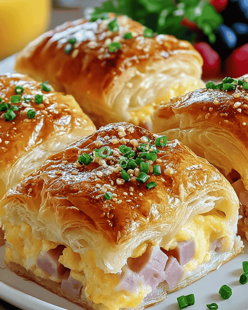 Golden Beef and Cheese Croissant Breakfast Casserole with flaky layers, eggs, and diced beef topped with parmesan and fresh chives.