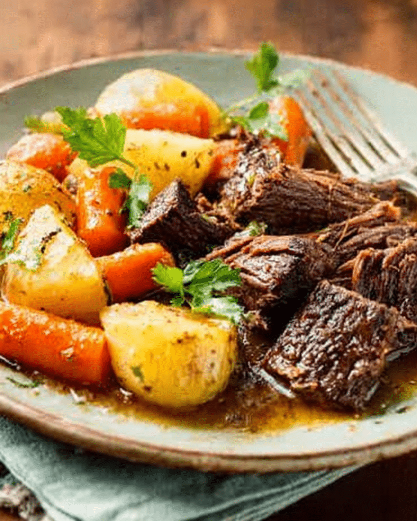 Tender braised beef pot roast served with baby potatoes and carrots on a rustic table.