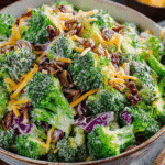 Fresh broccoli salad with cheddar cheese, red onion, sunflower seeds, and creamy dressing in a rustic bowl