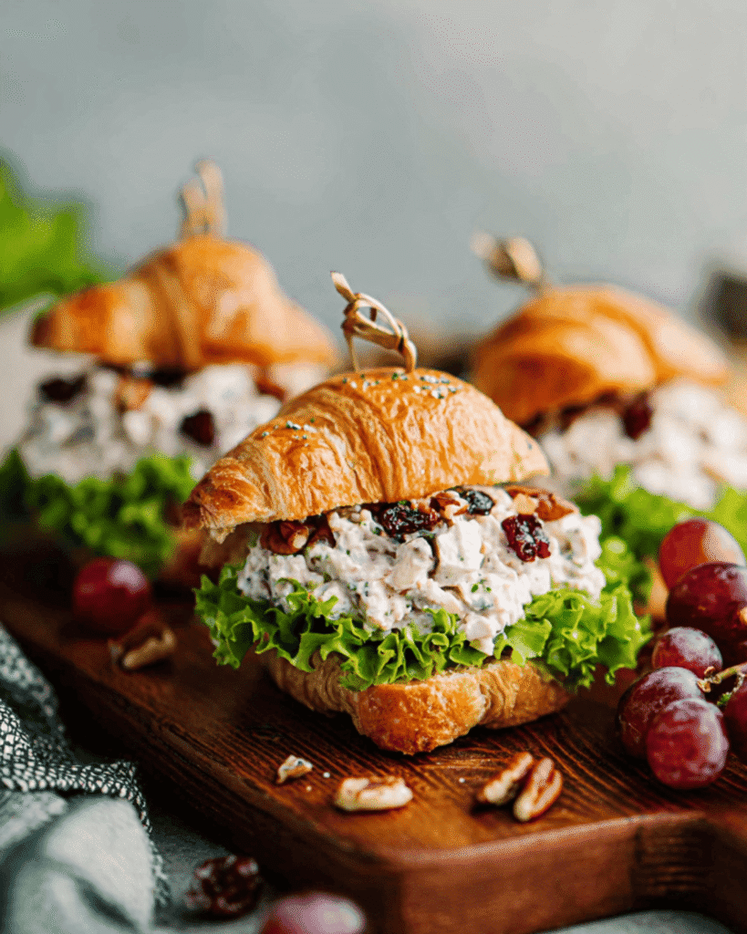 Fresh chicken salad croissant sandwiches filled with creamy chicken, cranberries, and lettuce, served on a wooden board with grapes.
