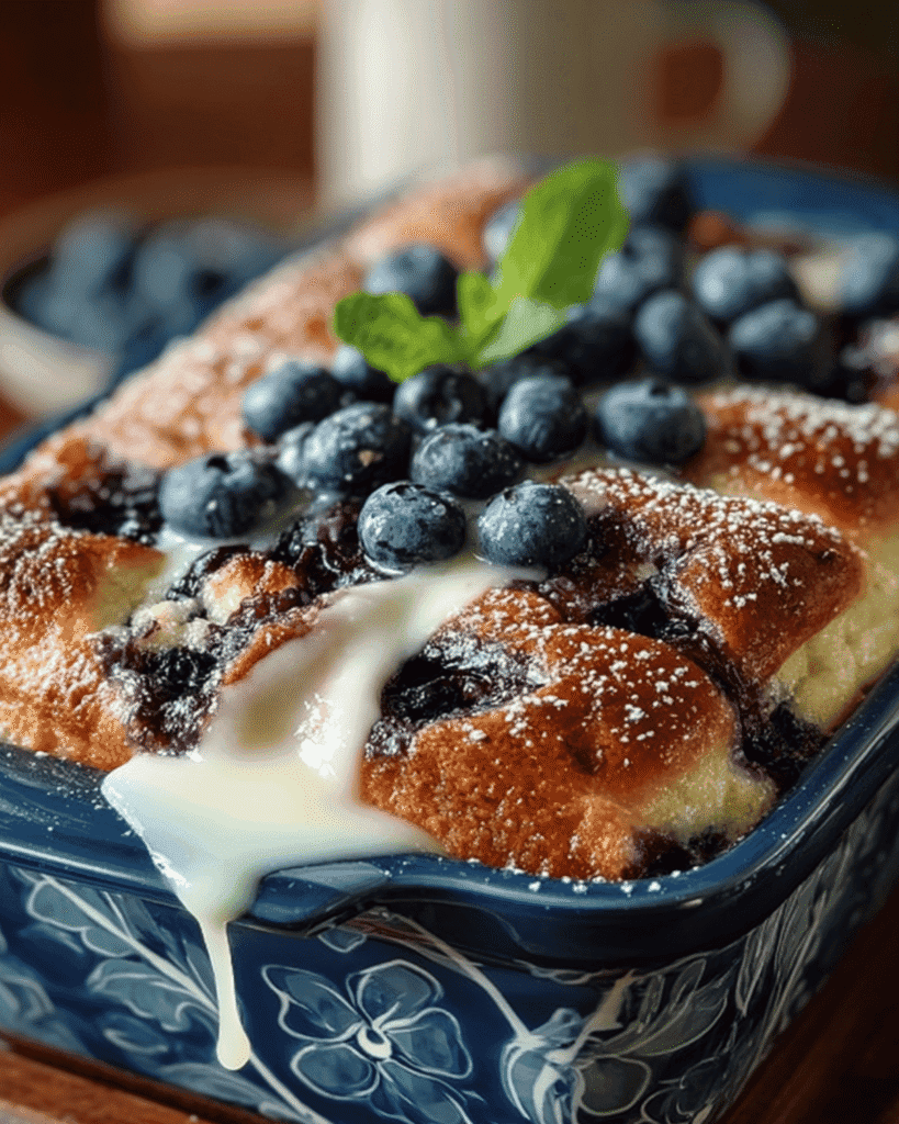 Close-up of blueberry buttermilk pancake casserole in blue floral baking dish with vanilla glaze dripping and fresh blueberries on top