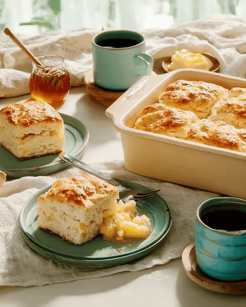 Golden brown butter swim biscuits on a green plate with honey and coffee, fluffy breakfast biscuits baked in butter.