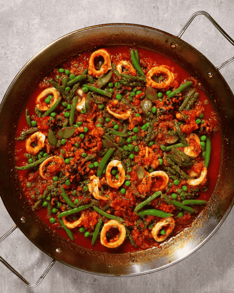Paella pan with rich tomato sauce, calamari rings, green beans, and peas cooking over heat
