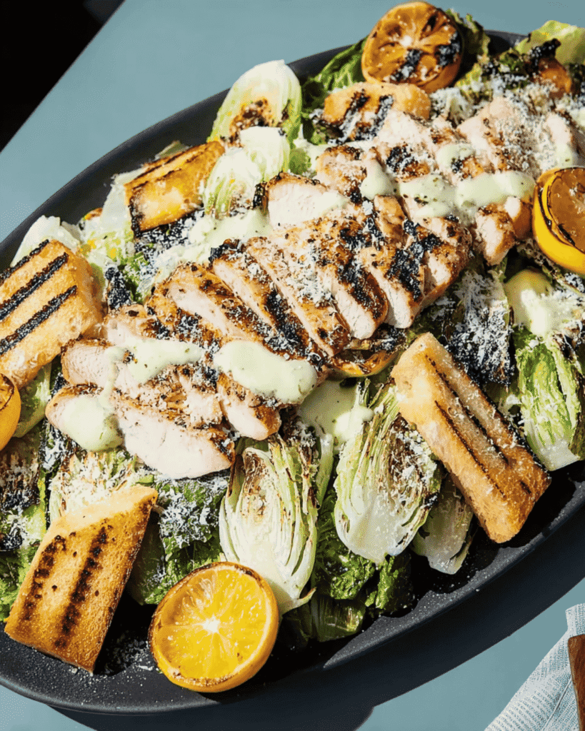 Sliced grilled chicken Caesar salad with charred romaine, garlic croutons, creamy dressing, and grilled lemons on a black platter
