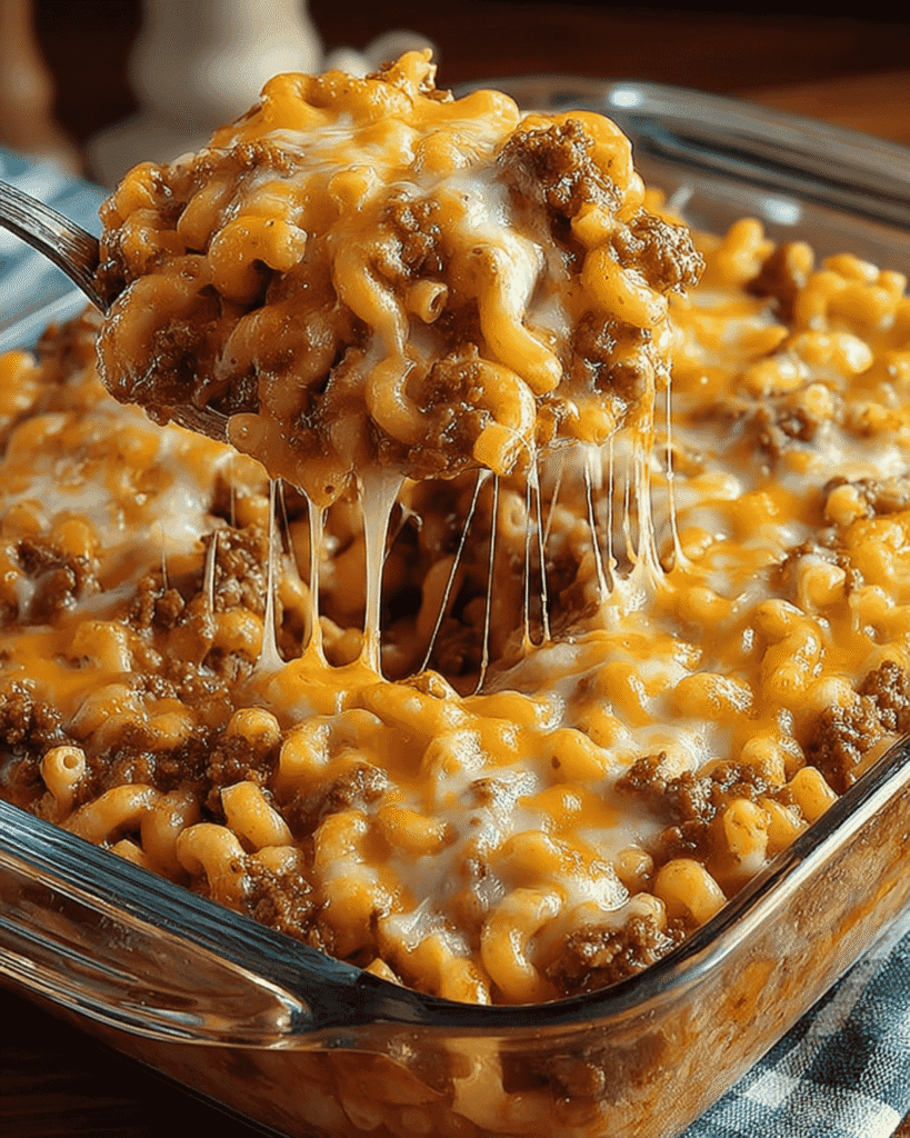 Cheesy beefburger casserole with melted cheddar and ground beef being scooped from a glass baking dish.