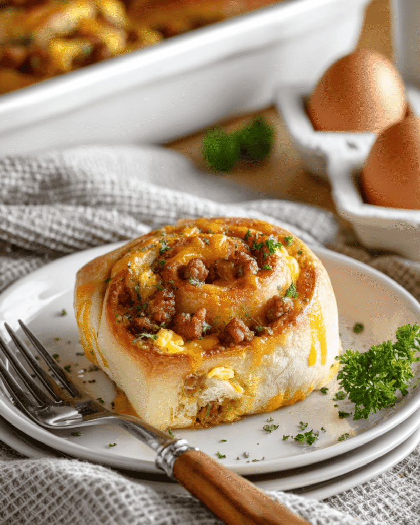 Single savory breakfast roll with eggs, sausage, and cheese on a plate