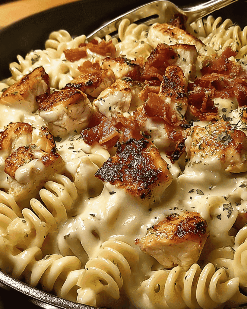 Chicken ranch pasta with creamy ranch sauce, grilled chicken chunks, and rotini pasta.