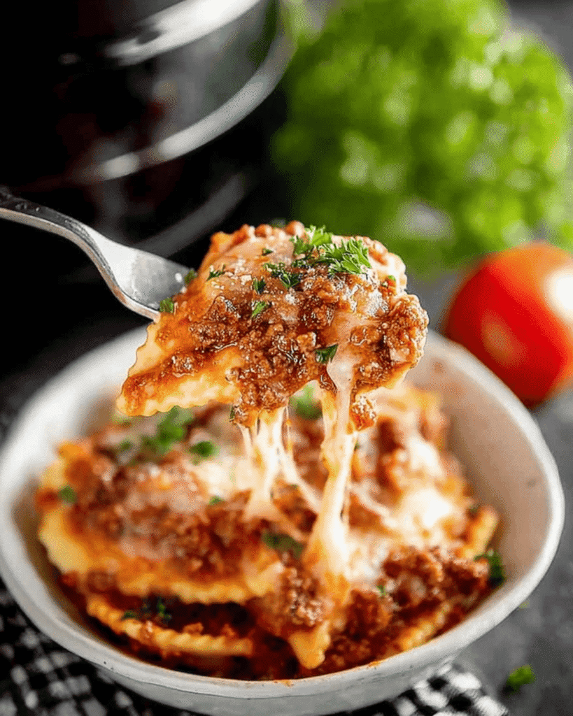 Fork lifting a cheesy serving of Crockpot Ravioli Lasagna Recipe with rich meat sauce and melted mozzarella