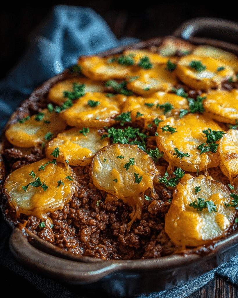 Cheesy ground beef and potatoes casserole baked with golden melted cheddar and parsley garnish in a rustic dish.
