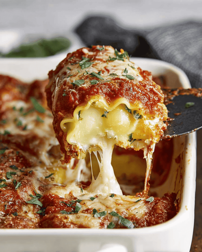 Close-up of cheesy lasagna roll up being lifted from baking dish with marinara and melted mozzarella