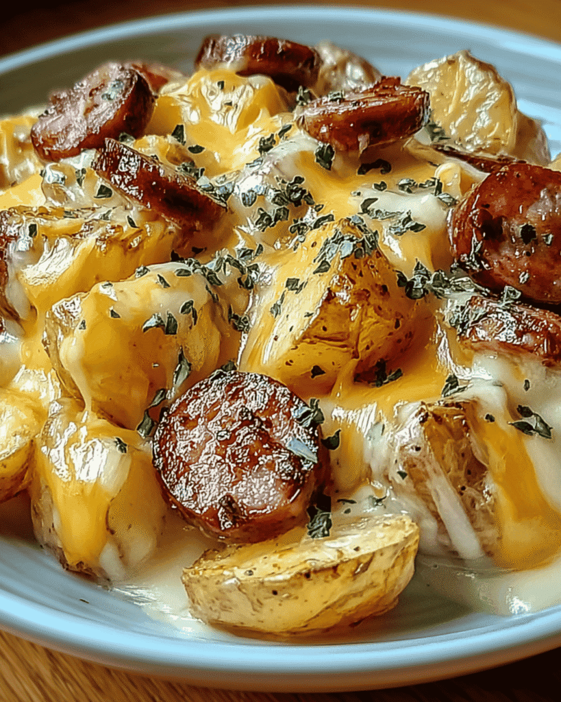 Close-up of cheesy ranch potatoes with sliced turkey sausage and melted cheddar cheese, garnished with herbs in a white bowl