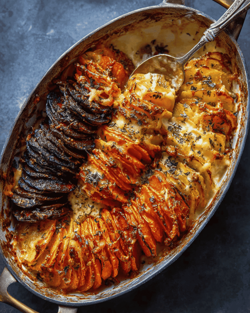 Overhead view of baked cheesy root vegetable gratin with golden crust, sliced sweet potatoes, beets, and potatoes in an oval dish.