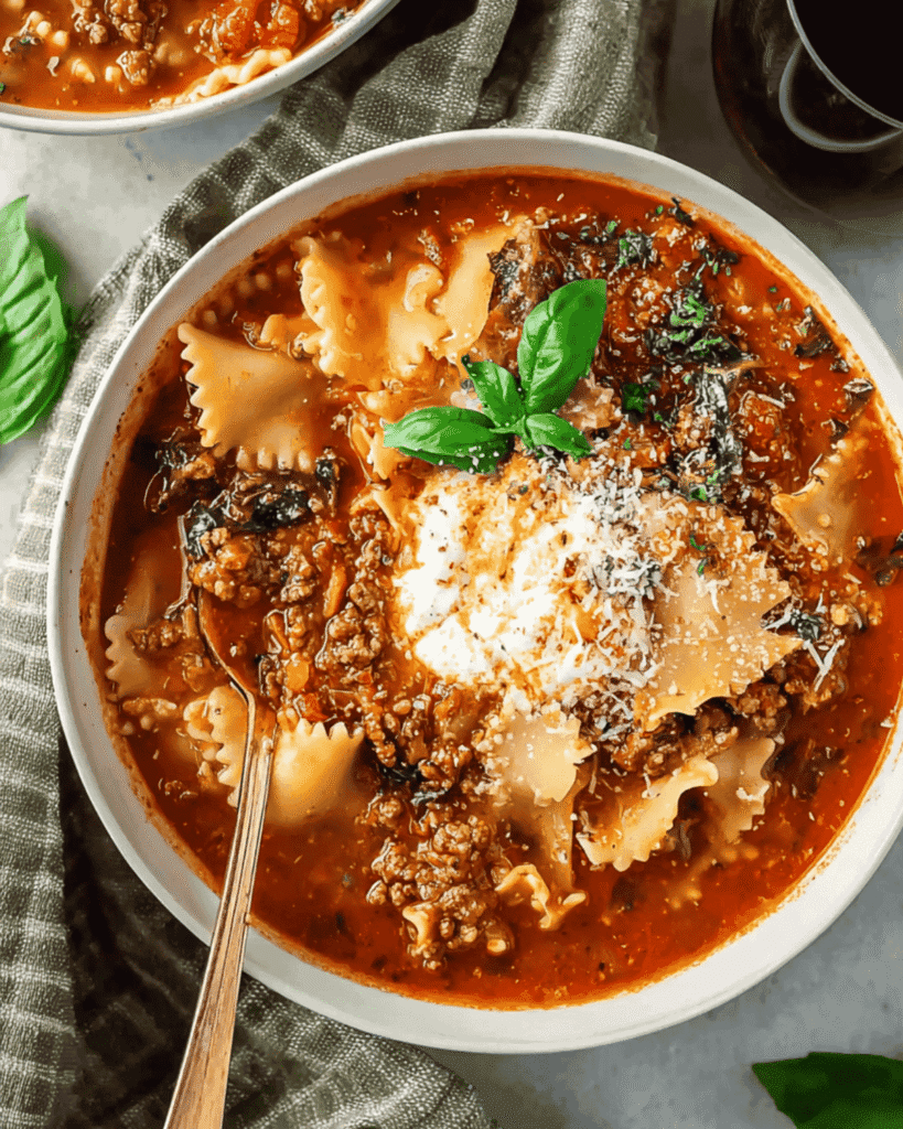 Close-up of TikTok Lasagna Soup with lasagna noodles, ground beef, ricotta cheese, and fresh basil in a tomato-based broth.