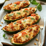 Baked stuffed zucchini boats with cherry tomatoes, breadcrumbs, pine nuts, and herbs on a parchment-lined tray