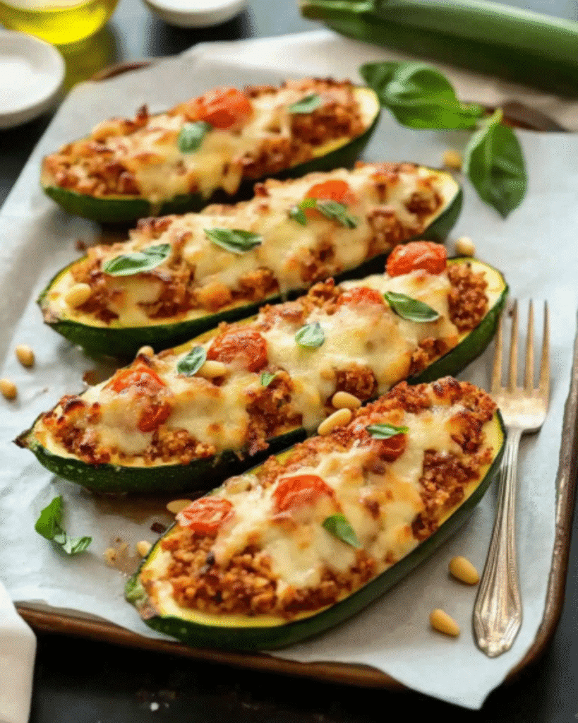 Baked stuffed zucchini boats with cherry tomatoes, breadcrumbs, pine nuts, and herbs on a parchment-lined tray
