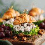 Chicken salad croissant sandwich with lettuce, cranberries, and pecans on a rustic wooden board, served with fresh grapes.