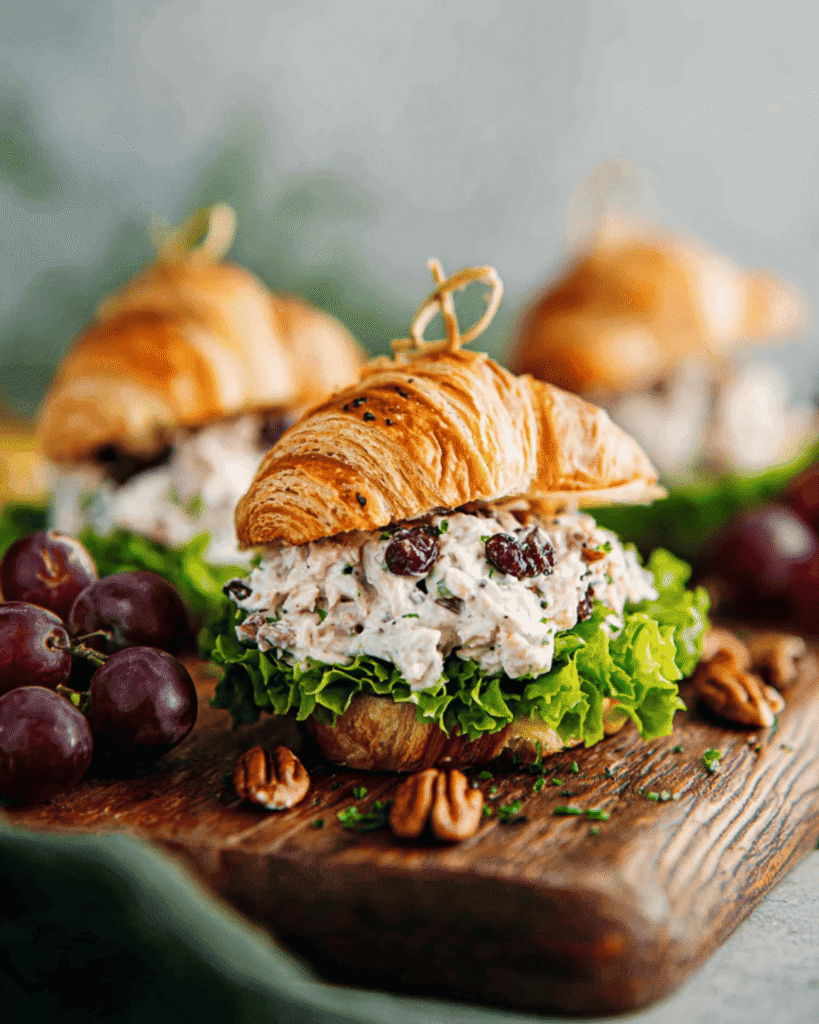 Chicken salad croissant sandwich with lettuce, cranberries, and pecans on a rustic wooden board, served with fresh grapes.