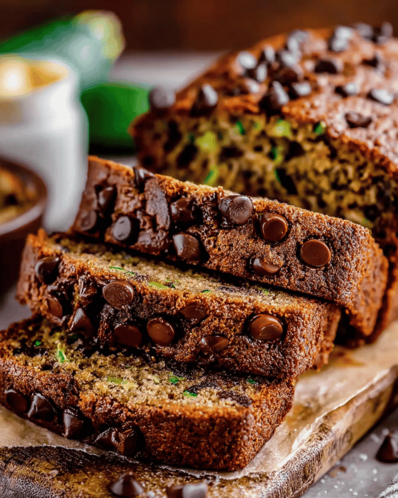 Close-up of moist chocolate chip zucchini bread slices with visible green zucchini bits and melty chocolate chips on a rustic wooden board.