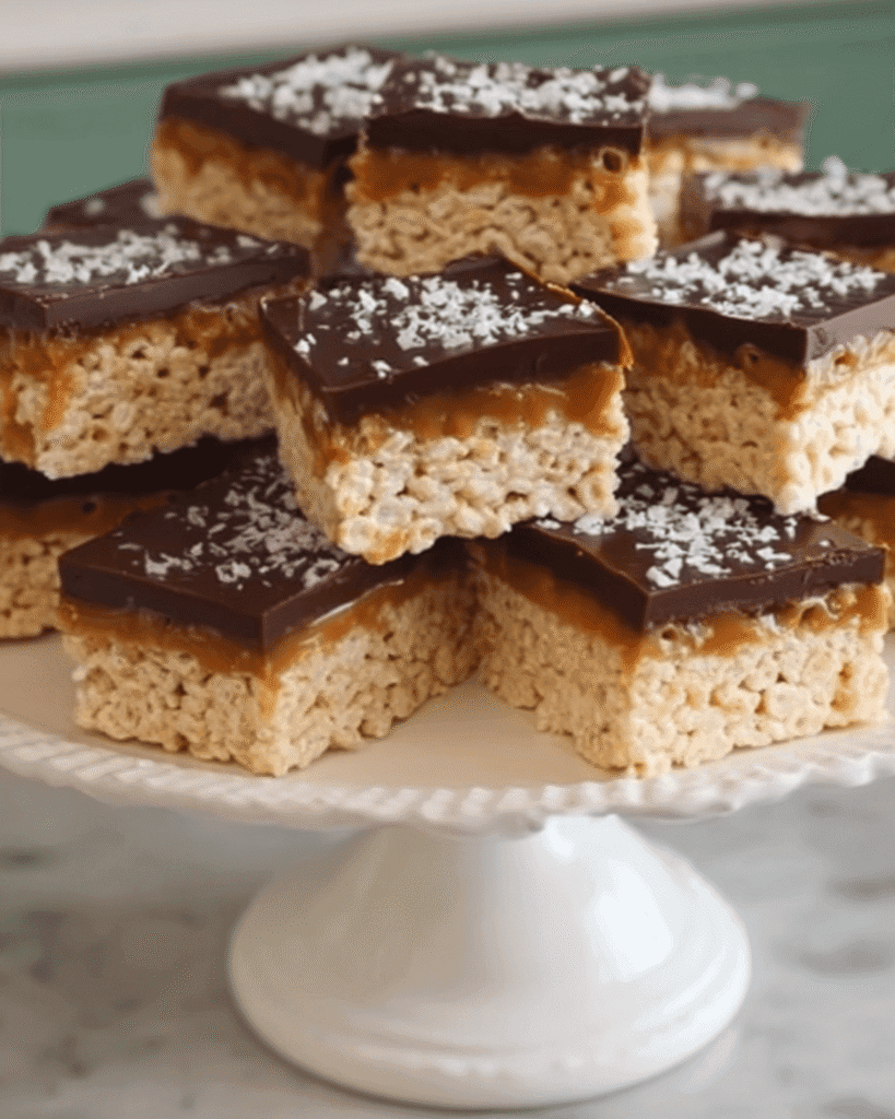 Chocolate peanut butter caramel cereal bars stacked on an elegant white cake stand, topped with flaky sea salt.