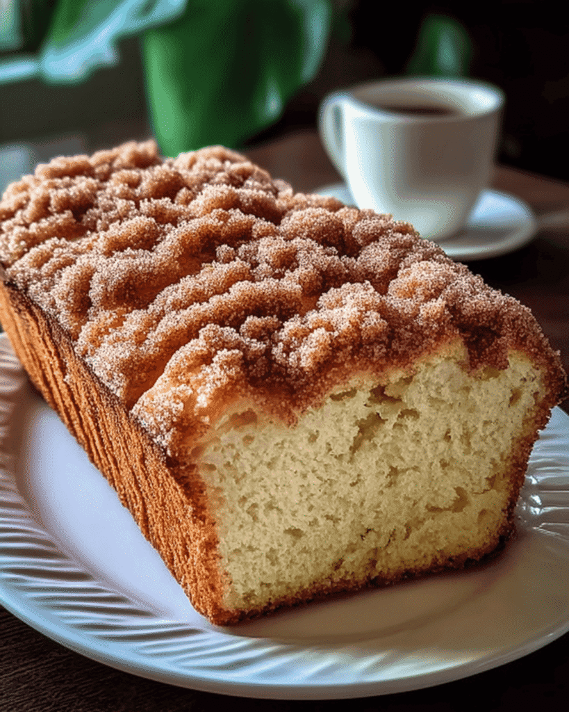 Cinnamon donut bread loaf topped with golden brown cinnamon sugar crumble on a white platter with a coffee cup in the background.
