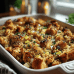 Classic baked Thanksgiving stuffing in a white casserole dish with crispy bread cubes and fresh parsley.
