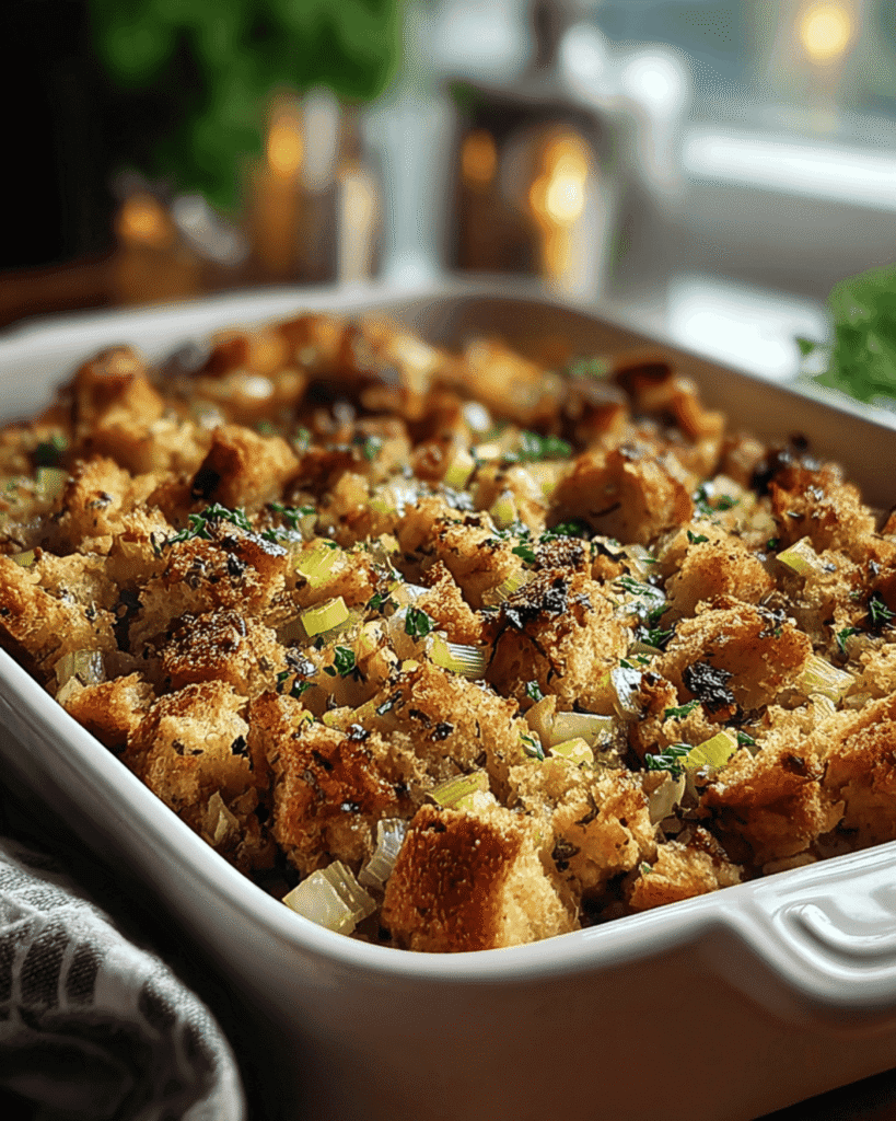 Classic baked Thanksgiving stuffing in a white casserole dish with crispy bread cubes and fresh parsley.