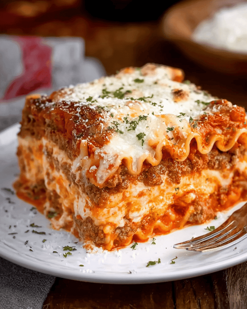 Close-up of a slice of homemade lasagna with layers of beef, ricotta, and melted cheese on a white plate.