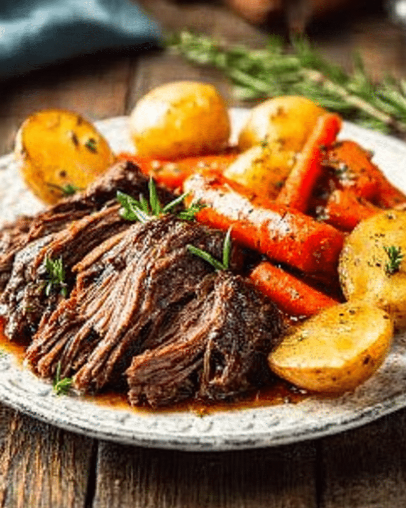 Classic pot roast with carrots and potatoes served on a rustic plate, tender beef in rich gravy.