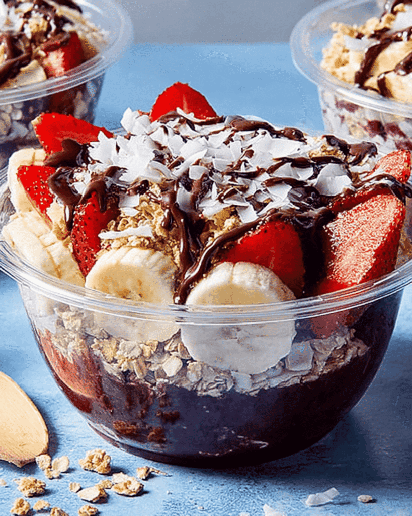 Close-up of a Copycat Acai Playa Bowl in a clear container, topped with banana slices, strawberries, coconut flakes, granola, and chocolate drizzle.