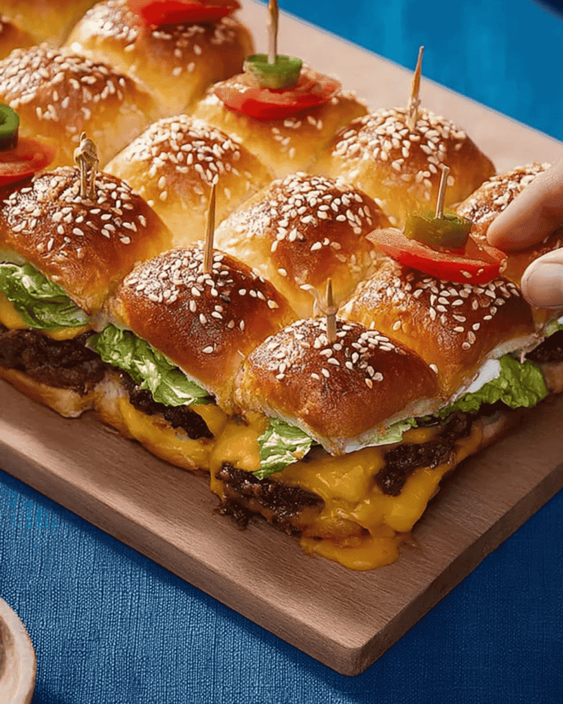 Close-up of oven-baked Hawaiian roll pull-apart sliders with sesame seed tops, beef patties, cheddar cheese, lettuce, and tomato-jalape&ntilde;o skewers on a wooden serving board
