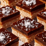 Close-up of chocolate peanut butter caramel cereal bars with marshmallow rice base and salted chocolate topping.