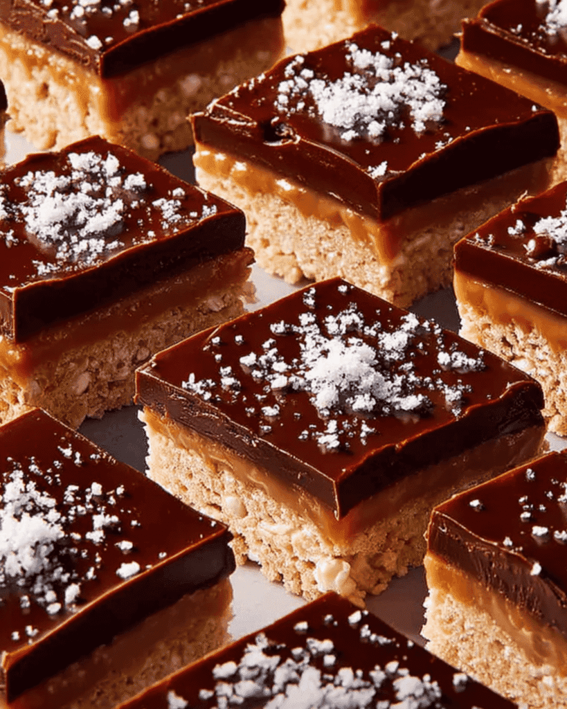 Close-up of chocolate peanut butter caramel cereal bars with marshmallow rice base and salted chocolate topping.