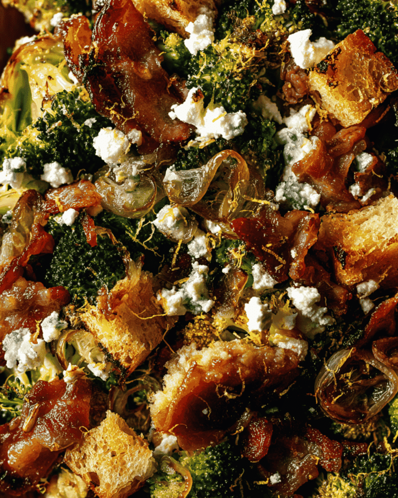 Close-up of roasted broccoli salad with feta cheese, caramelized shallots, beef, and crunchy sourdough croutons.