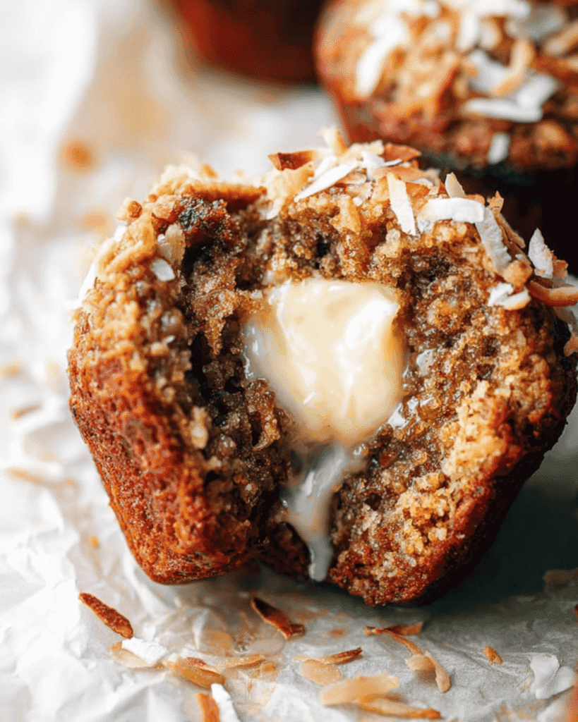 Close-up of a warm apple muffin with toasted coconut topping and butter melting into the crumb