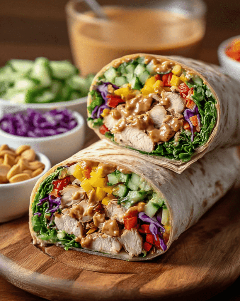 Thai Peanut Chicken Wrap with colorful vegetables and peanut sauce served on wooden board