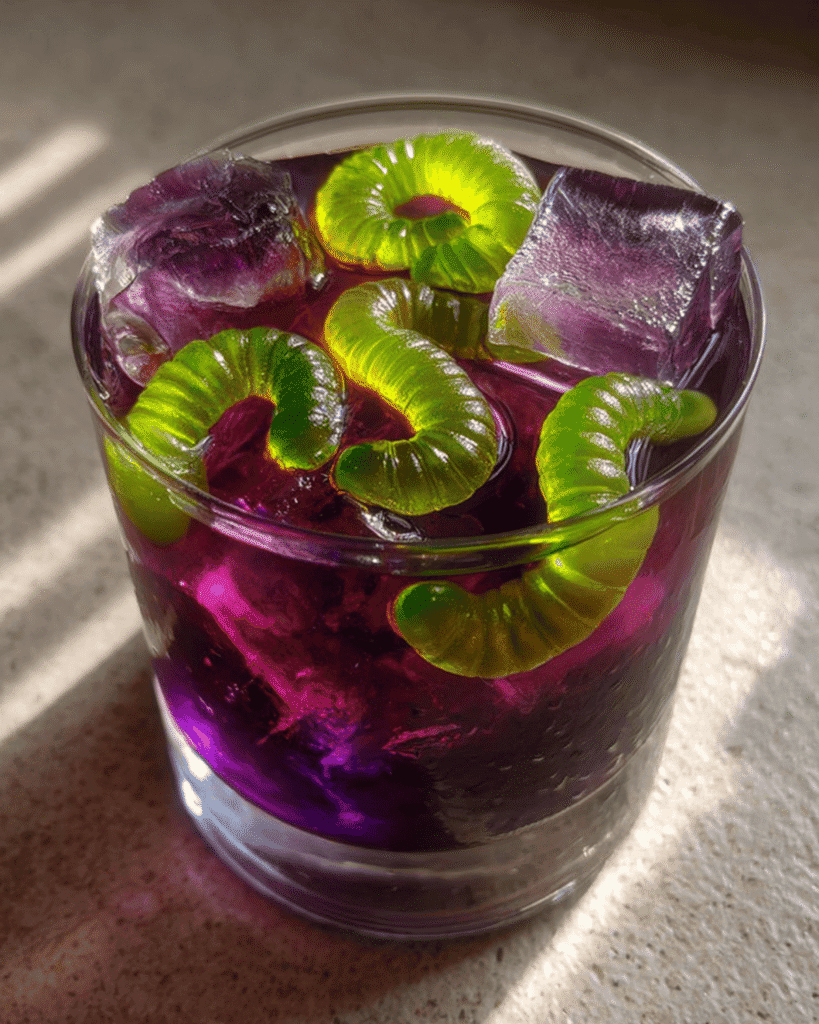 Purple Halloween punch drink with green gummy worms and large ice cubes