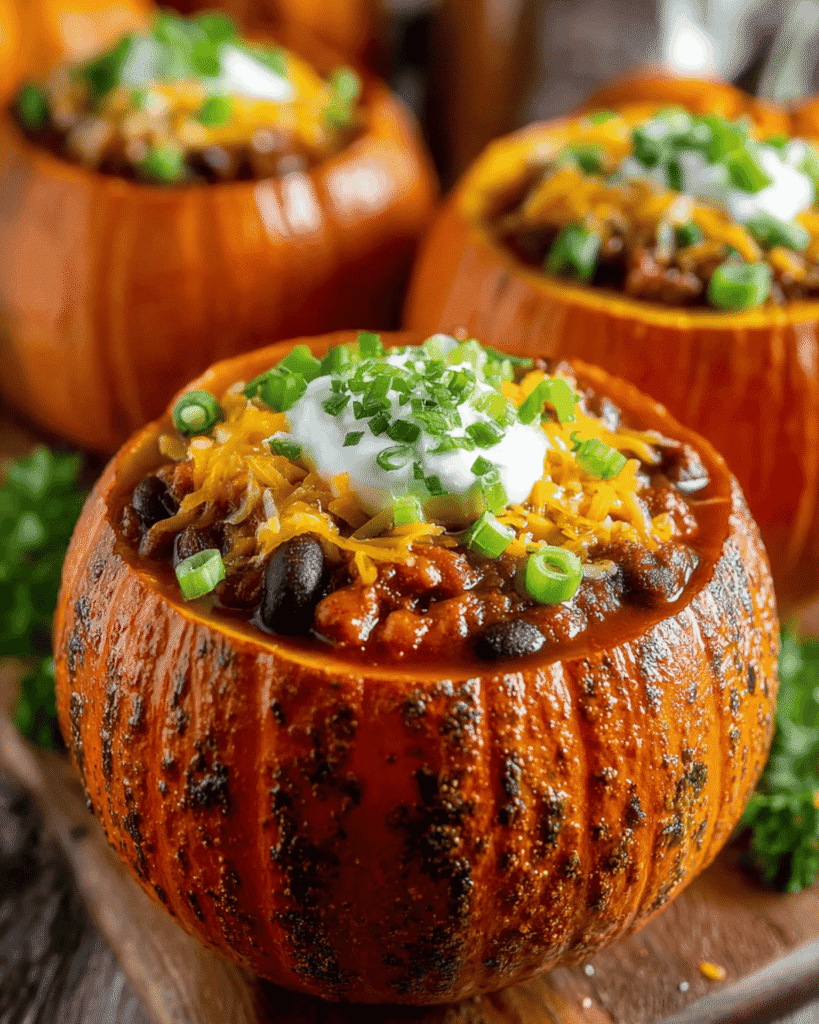 Pumpkin chili served in roasted pumpkin bowls topped with sour cream, cheese, and green onions
