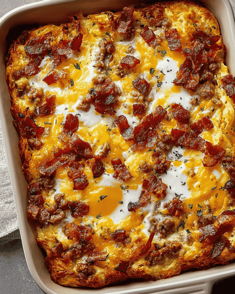 Overhead view of a crack breakfast casserole baked with sausage, beef, eggs, and melted cheddar cheese in a white baking dish.