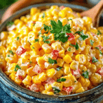 Creamy crack corn salad with red bell peppers and parsley in a rustic blue ceramic bowl