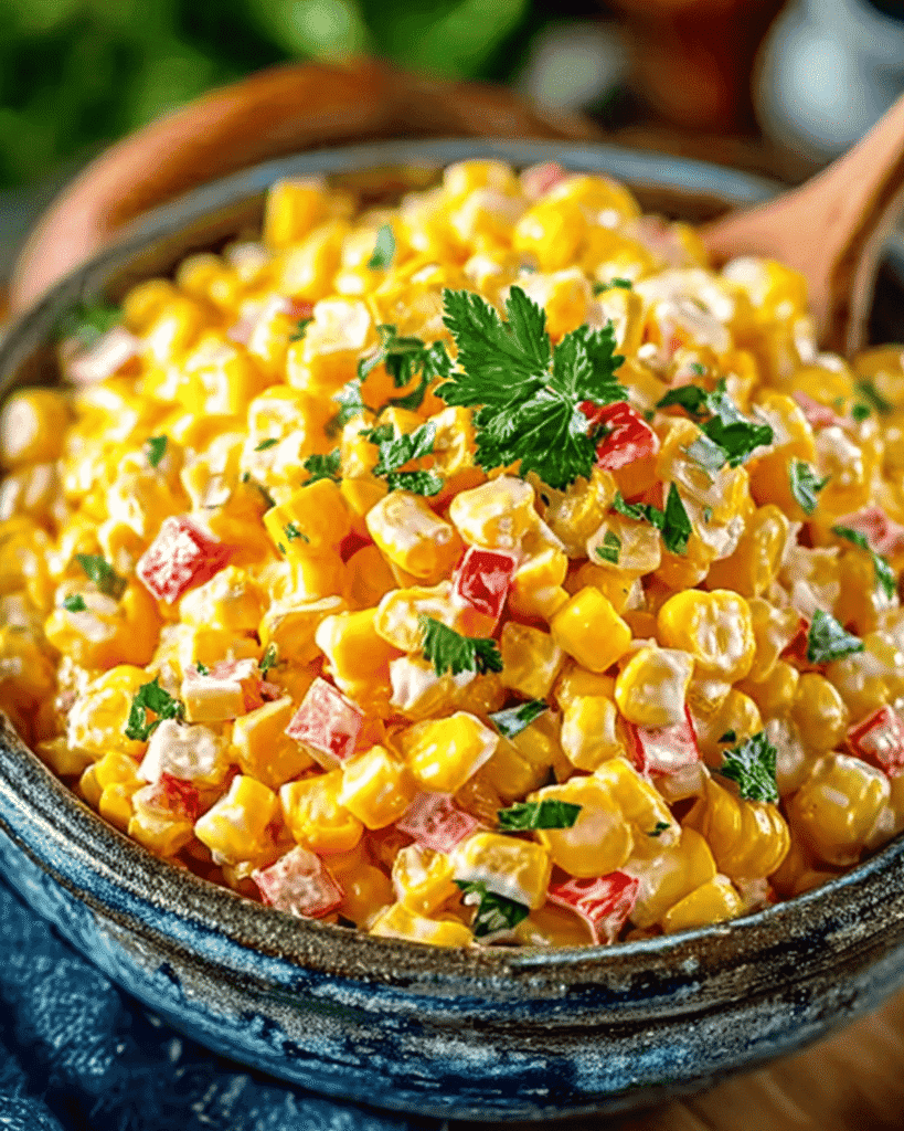 Creamy crack corn salad with red bell peppers and parsley in a rustic blue ceramic bowl