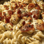 Creamy chicken ranch pasta with rotini, golden seared chicken, and fresh herbs.