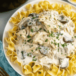 Overhead view of Easy Chicken Stroganoff with shredded chicken, mushrooms, and creamy sauce on egg noodles.