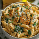 Creamy garlic parmesan chicken pasta with penne, grilled chicken slices, fresh spinach, and parmesan garnish in a white bowl